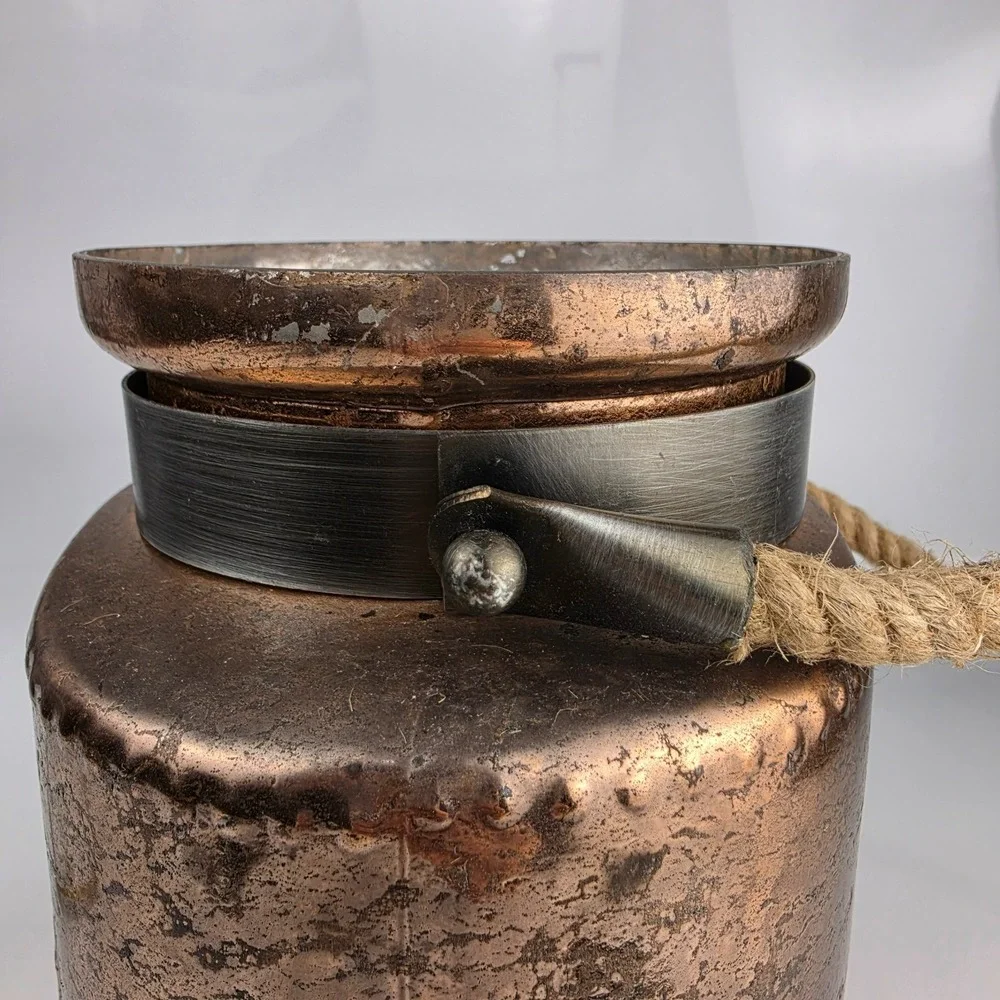 Large Embossed Copper‎ Painted Glass Candle Holder Jar Rope Handle Boho Decor